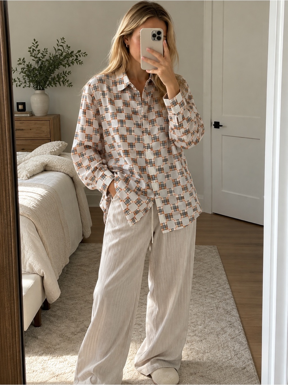 Cream & Plaid Oversized Button-Up Shirt